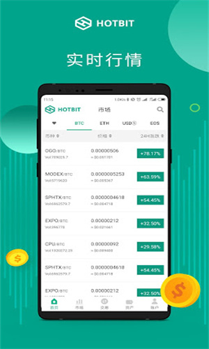 Hotbit交易所移动端操作界面